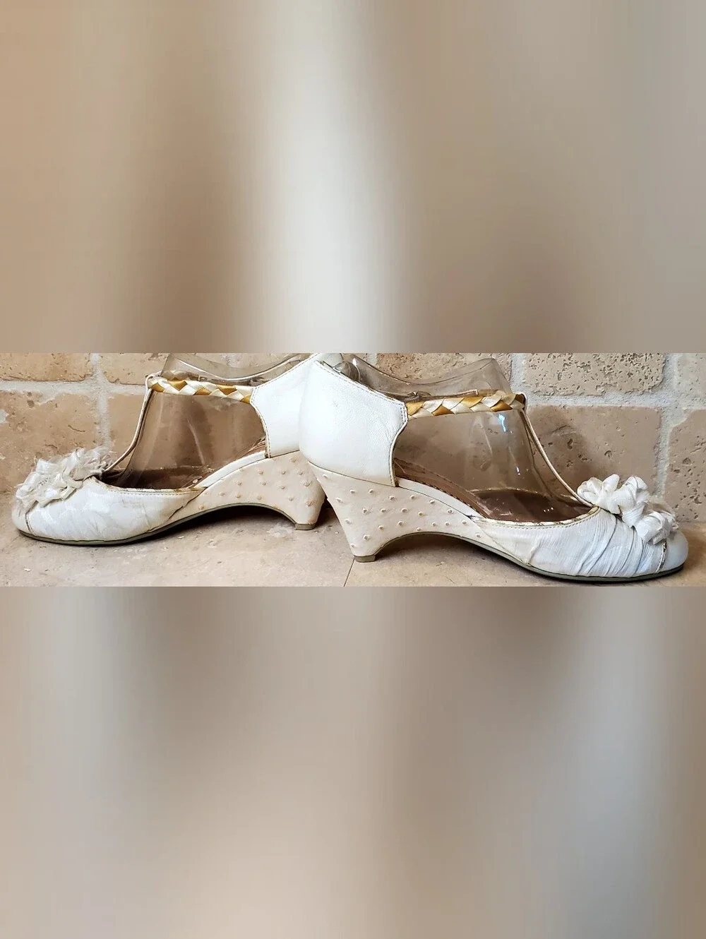 Cream Wedge Heels with Braided T-Strap and Flower Accent Sz 8 Great For Wedding